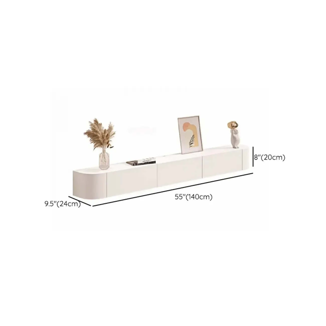 55" White Rubberwood Floating TV Stand with Cable Management #size