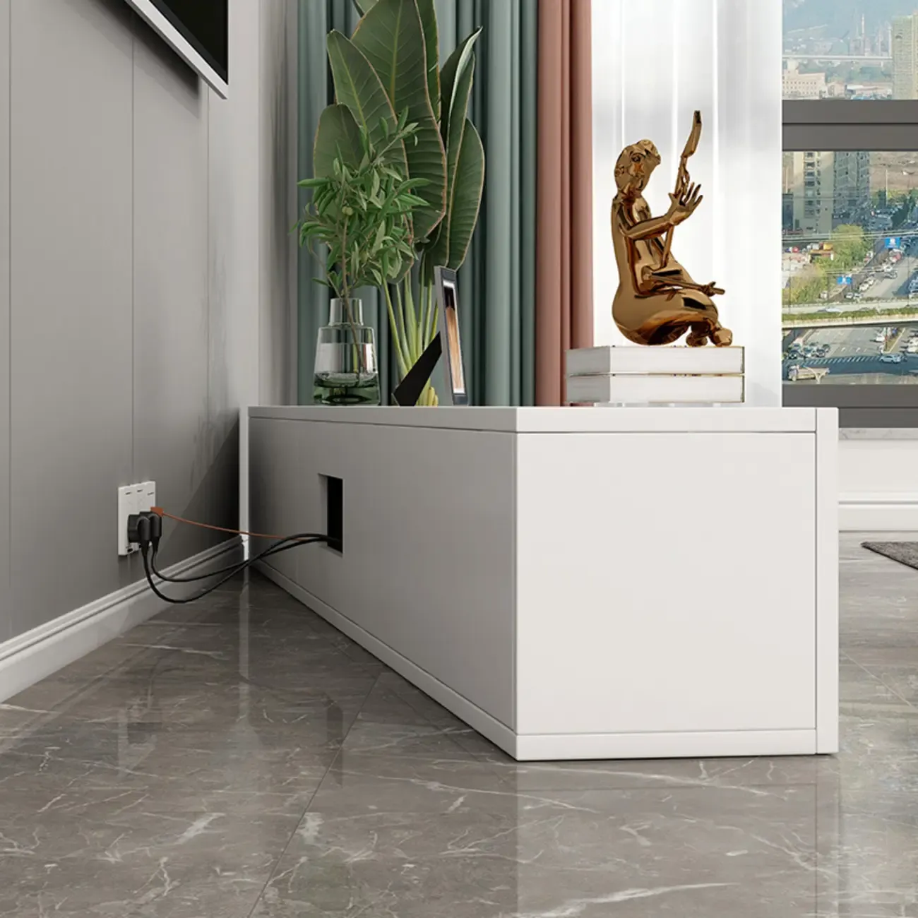 71" White Wood Rectangular TV Stand with Cable Management Image - 3