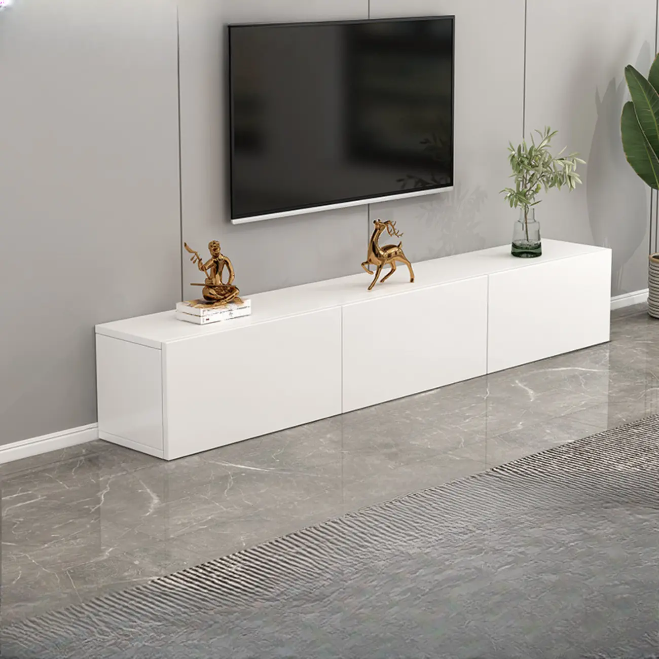 71" White Wood Rectangular TV Stand with Cable Management Image - 5 | homeyfad