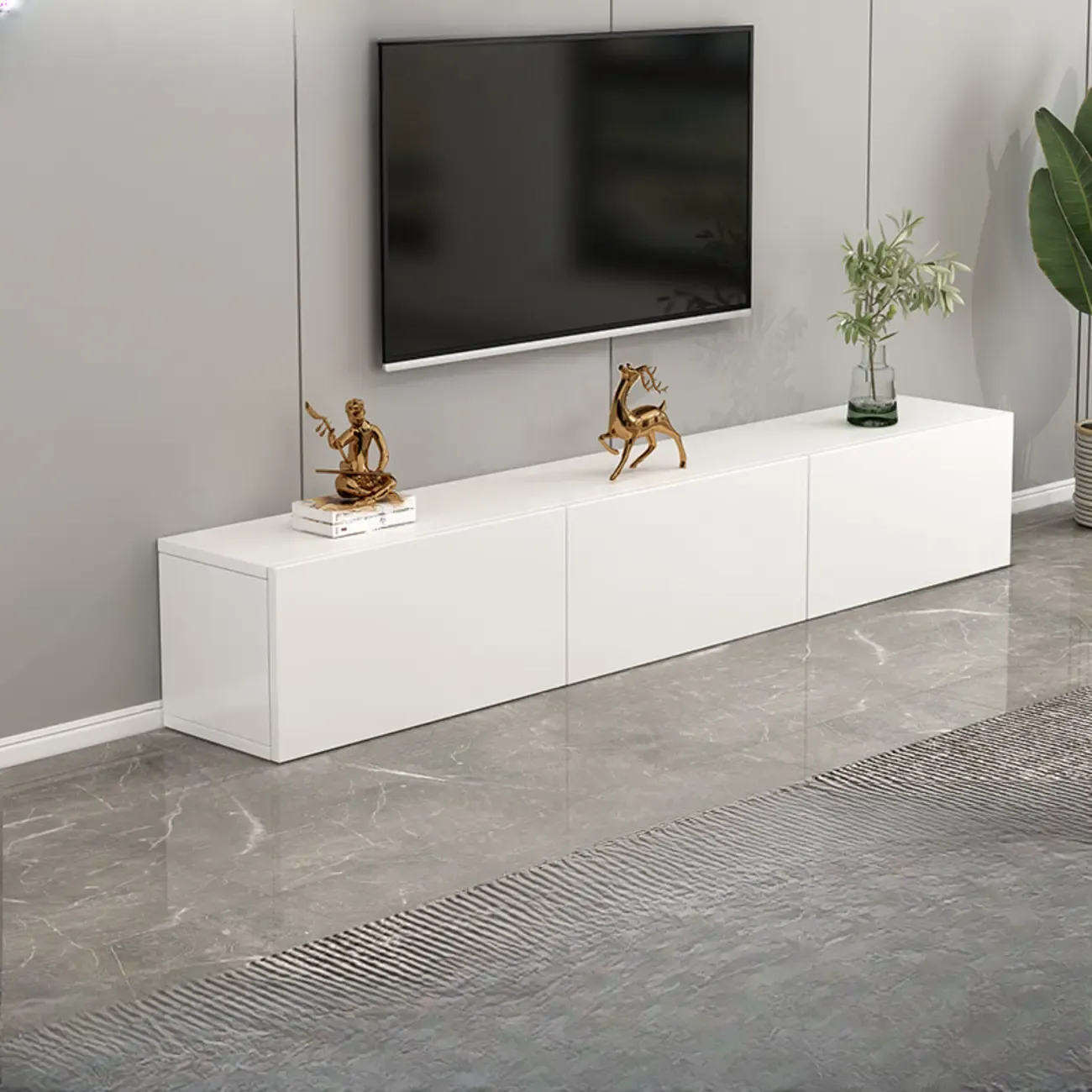 71" White Wood Rectangular TV Stand with Cable Management Image - 5