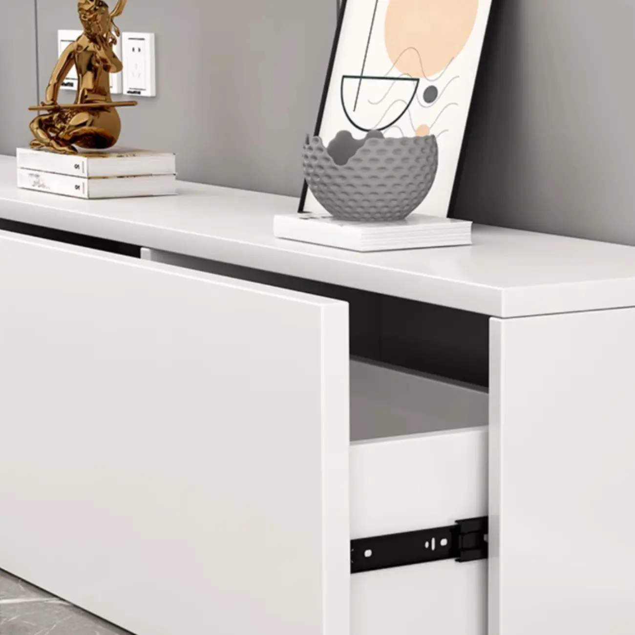 71" White Wood Rectangular TV Stand with Cable Management Image - 7 | homeyfad