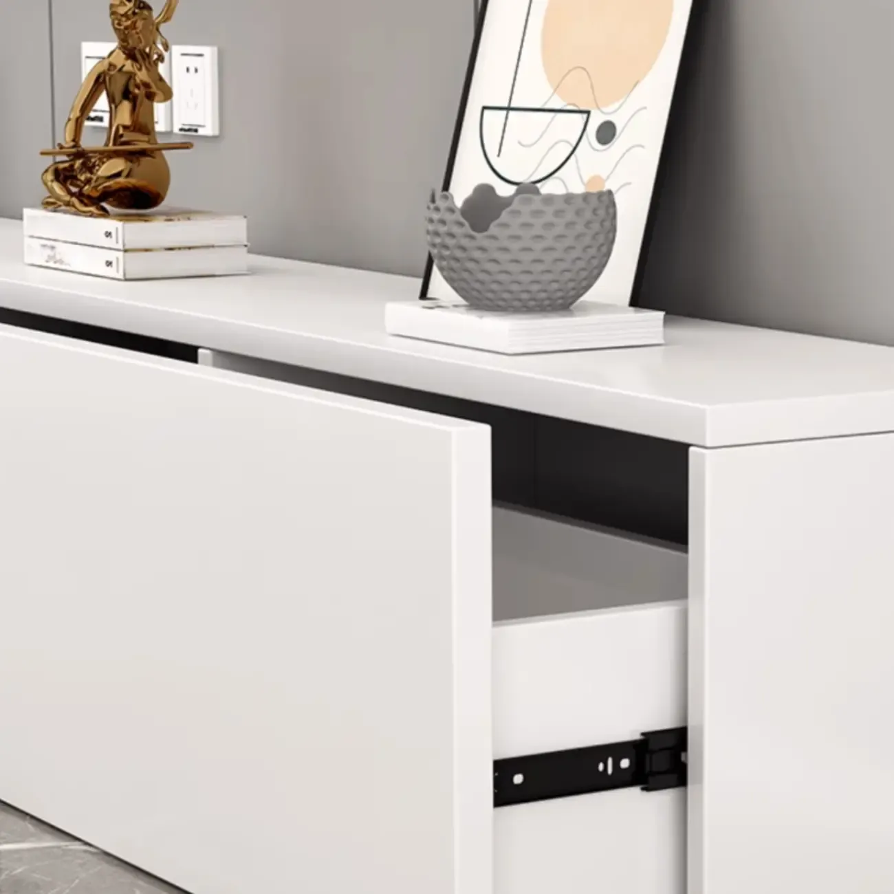 71" White Wood Rectangular TV Stand with Cable Management Image - 7