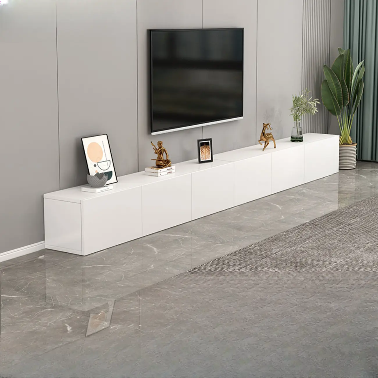 71" White Wood Rectangular TV Stand with Cable Management Image - 11 | homeyfad