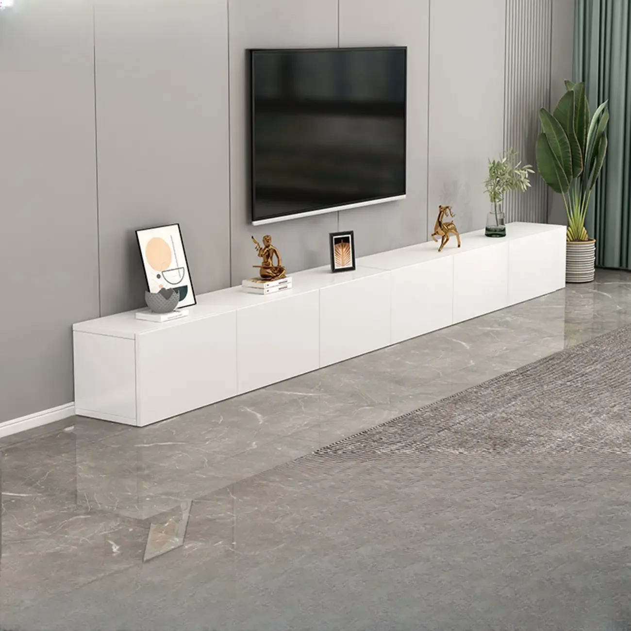 71" White Wood Rectangular TV Stand with Cable Management Image - 11