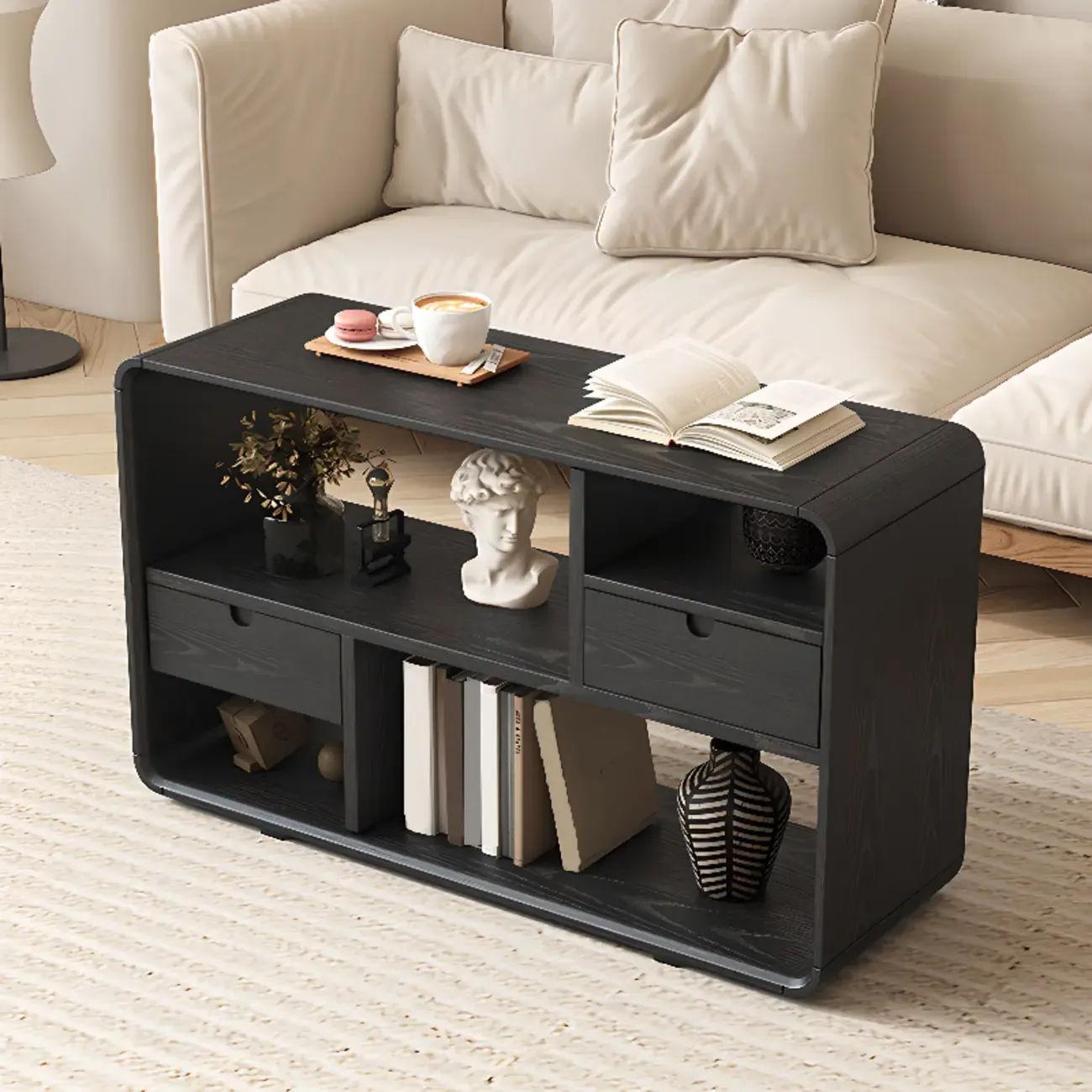 Narrow Rectangle Wooden Open Storage Black Side Table Image - 1