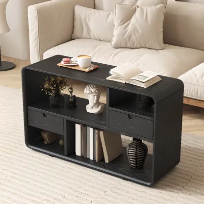 Narrow Rectangle Wooden Open Storage Black Side Table Image - 1