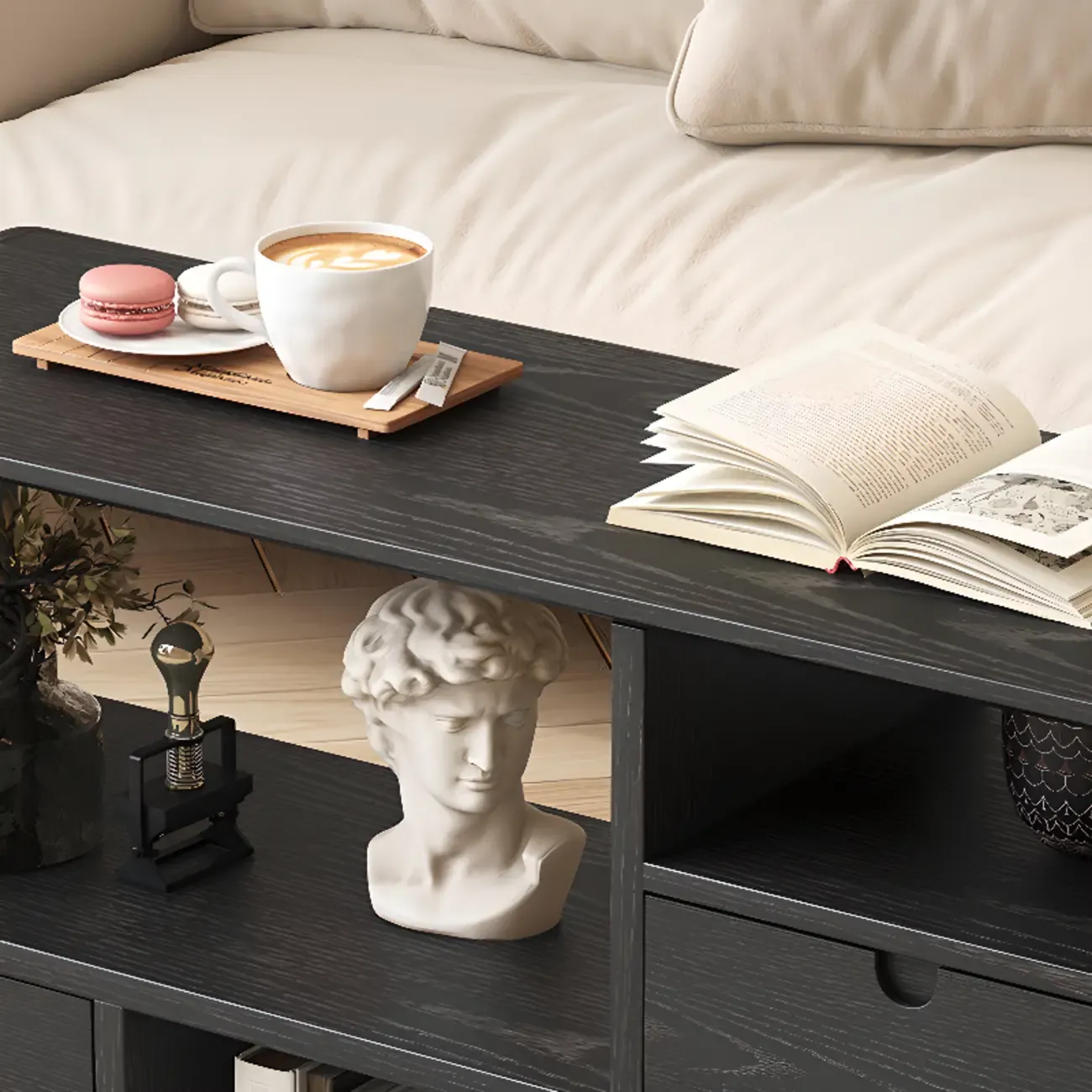 Narrow Rectangle Wooden Open Storage Black Side Table Image - 5