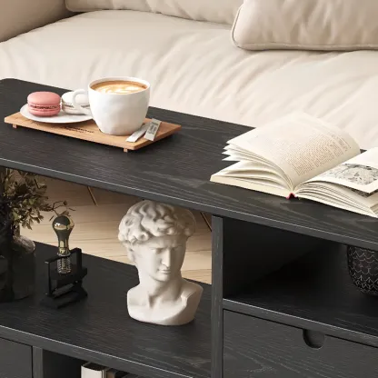 Narrow Rectangle Wooden Open Storage Black Side Table Image - 5