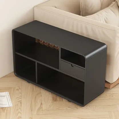 Narrow Rectangle Wooden Open Storage Black Side Table Image - 6
