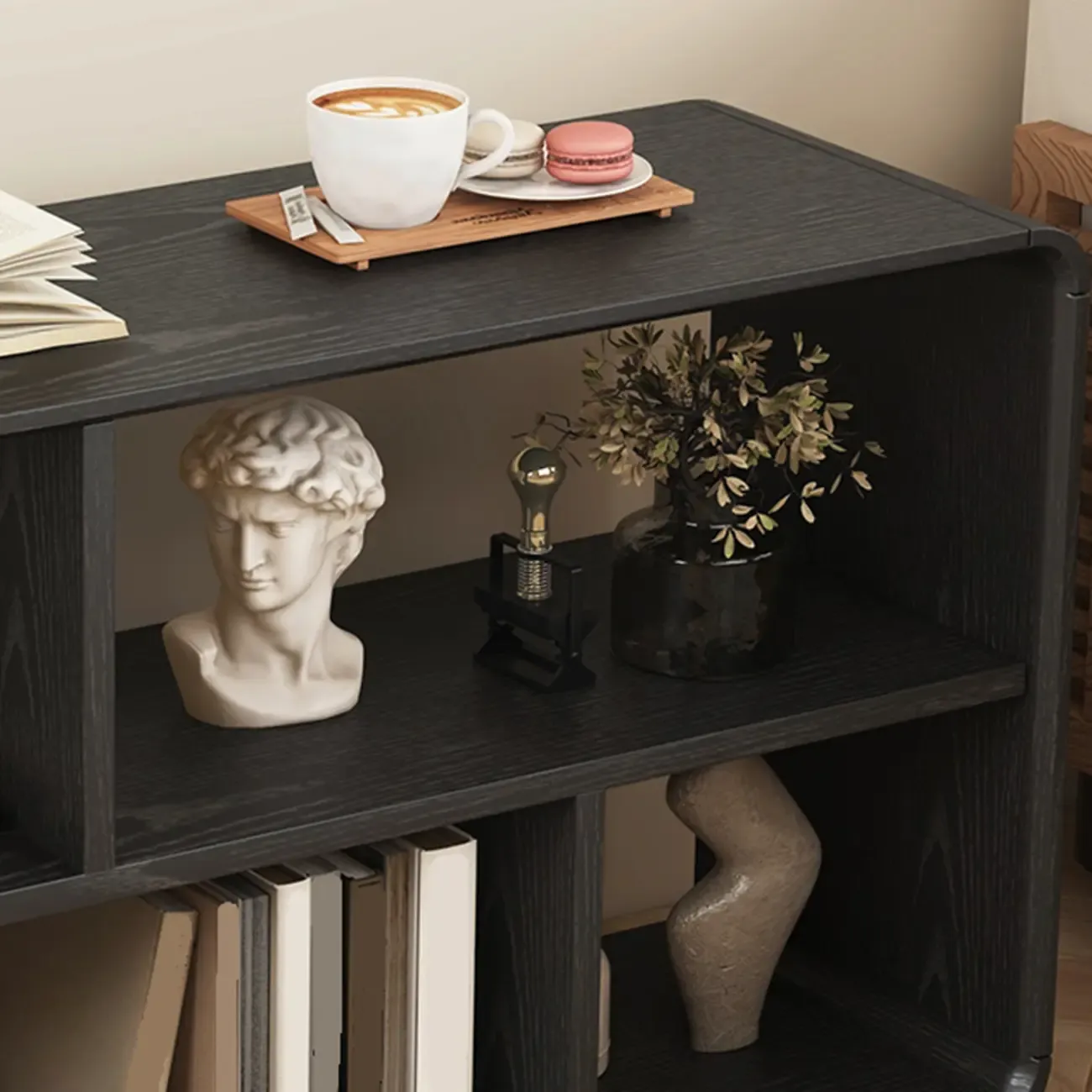 Narrow Rectangle Wooden Open Storage Black Side Table Image - 7