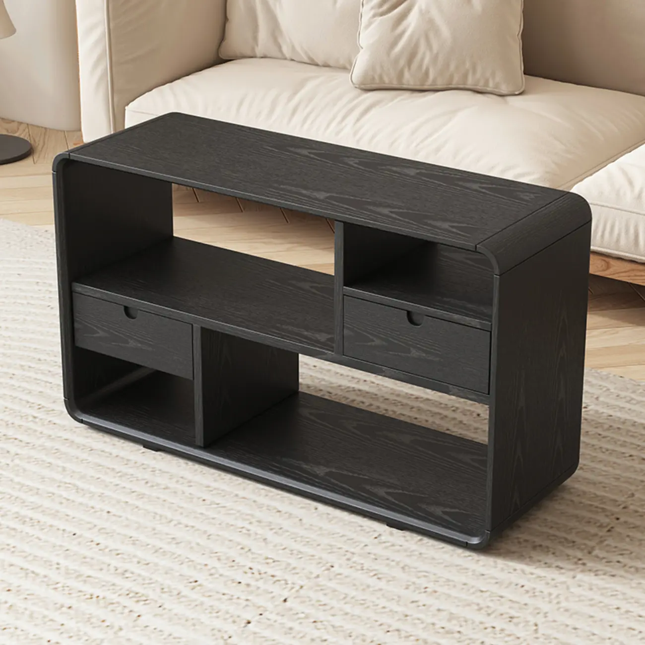 Narrow Rectangle Wooden Open Storage Black Side Table Image - 2 | homeyfad