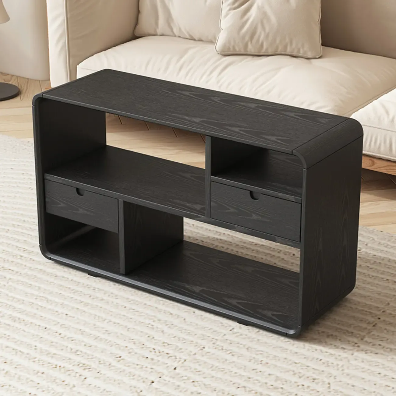 Narrow Rectangle Wooden Open Storage Black Side Table Image - 2