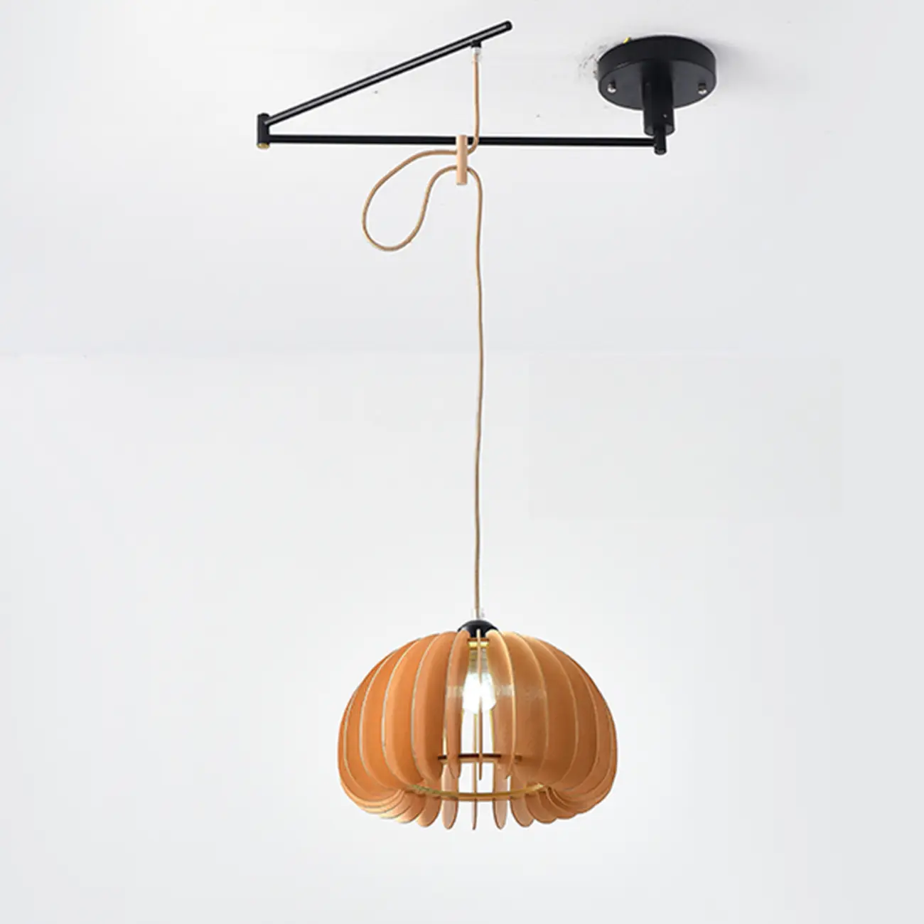 Modern Flexible Round Pendant Light in Solid Wood and Metal Image - 5 | homeyfad