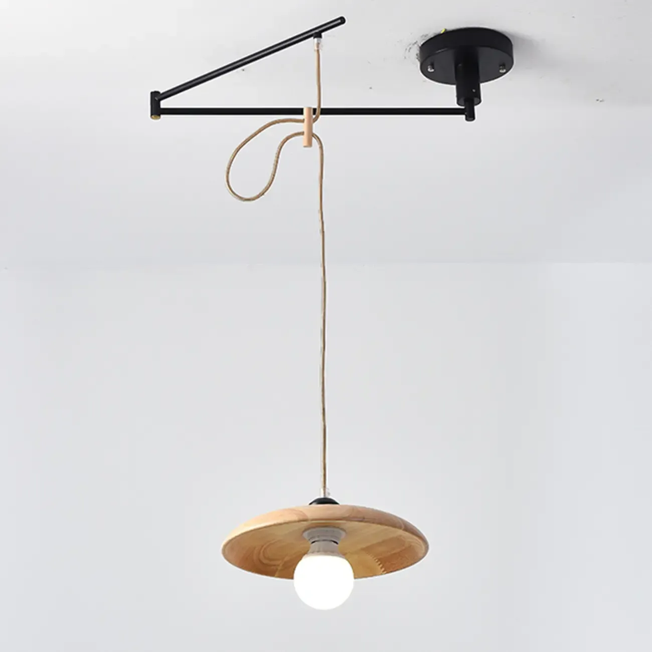 Modern Flexible Round Pendant Light in Solid Wood and Metal Image - 10