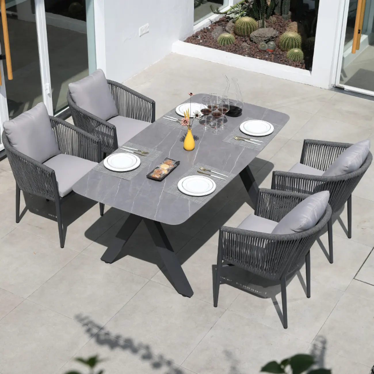 Weather-proof Patio Set With Cushioned Woven Rope Chairs Image - 3 | homeyfad