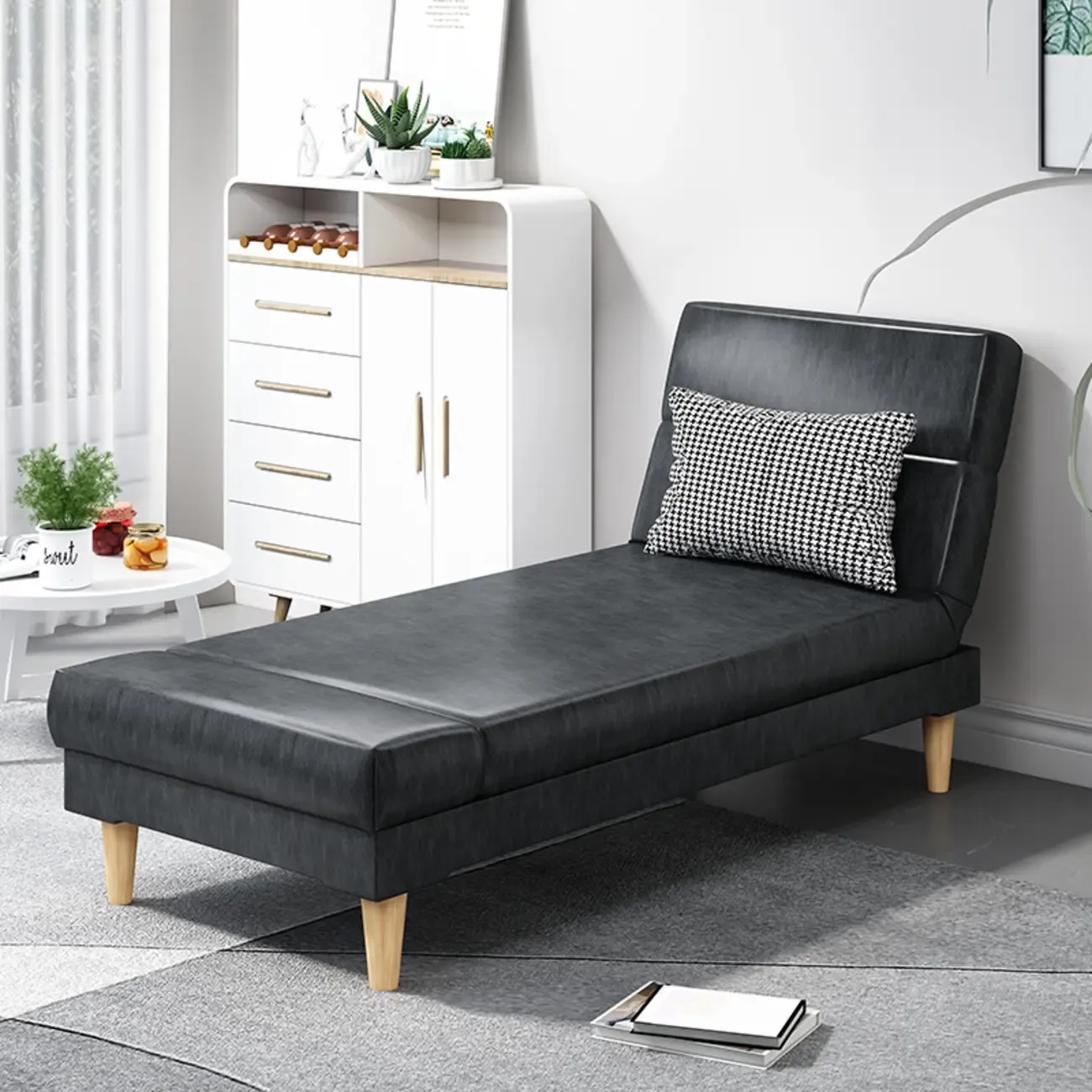 Scandinavian Leather Chaise Lounge with Pillow for Living Room Image - 7