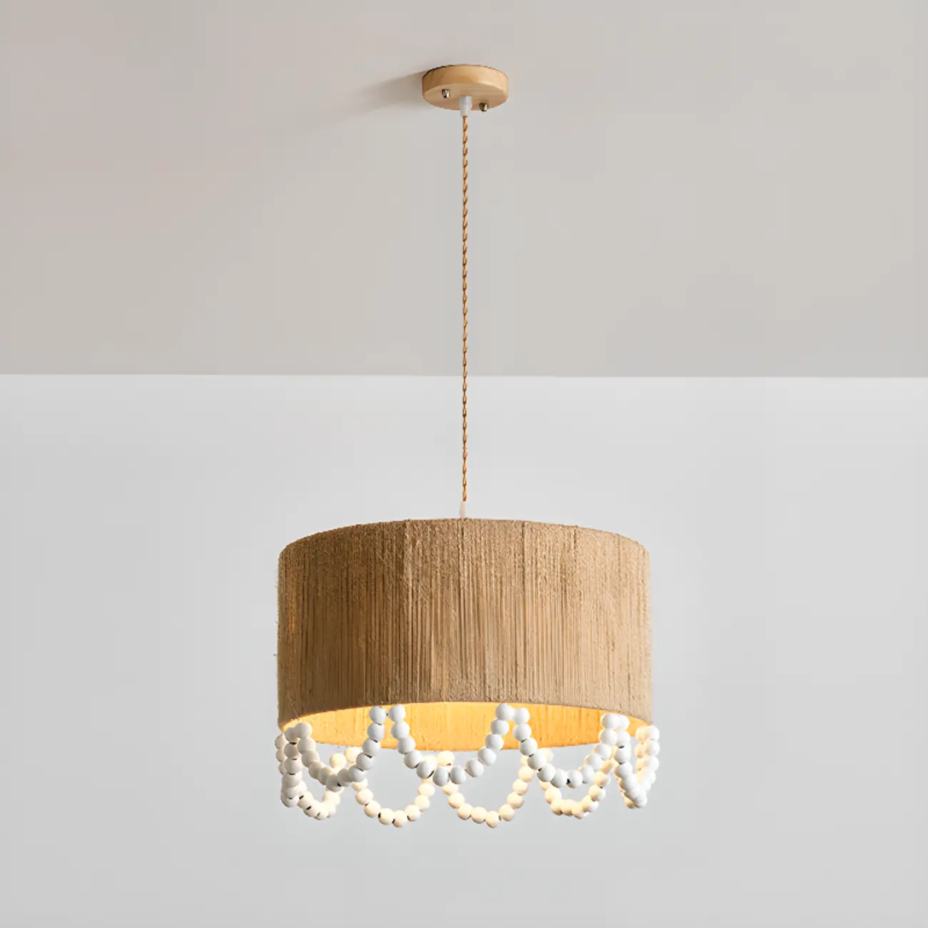 Oriental Wooden Drum Pendant Light with White Beads Image - 2 | homeyfad
