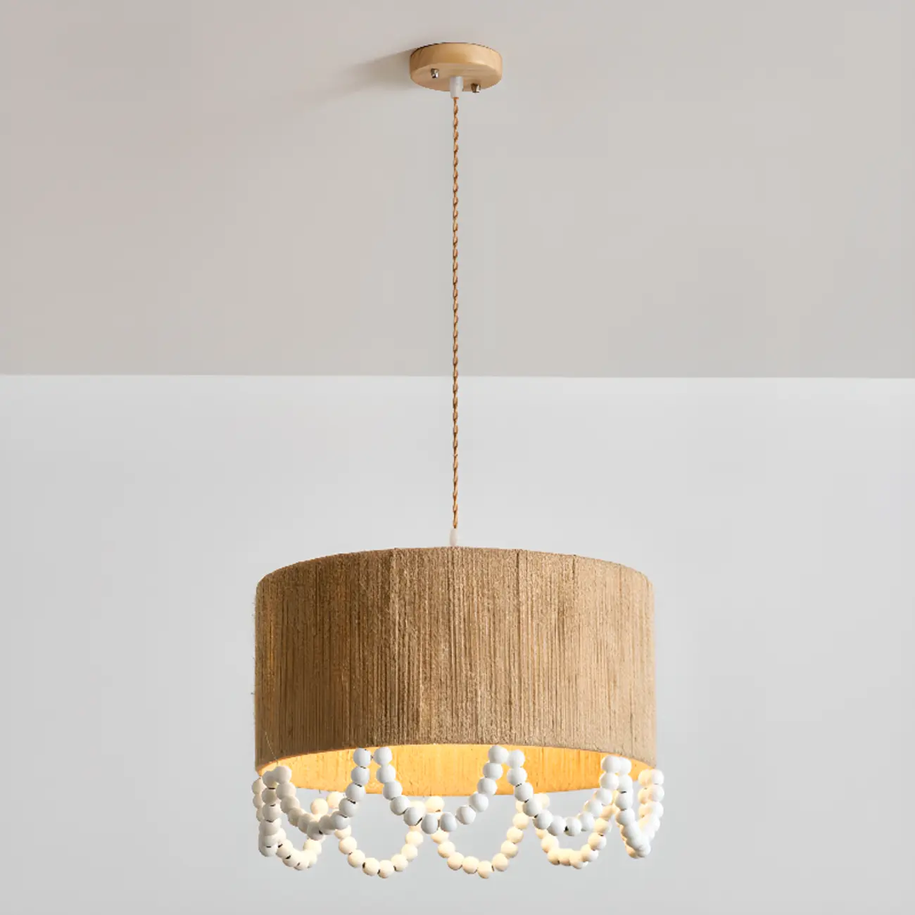 Oriental Wooden Drum Pendant Light with White Beads Image - 3 | homeyfad