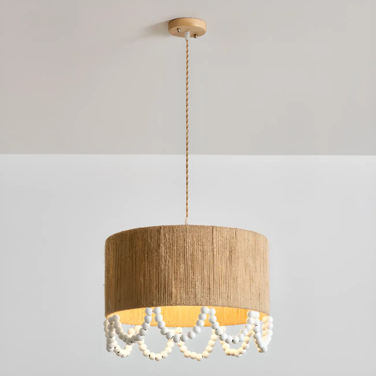 Oriental Wooden Drum Pendant Light with White Beads Image - 3