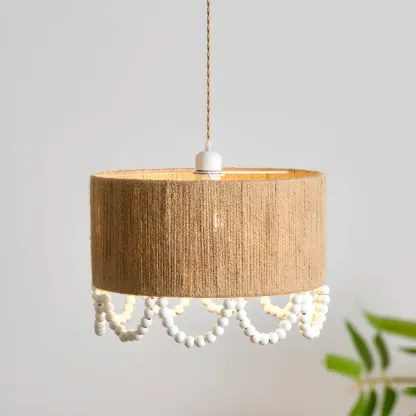 Oriental Wooden Drum Pendant Light with White Beads Image - 4
