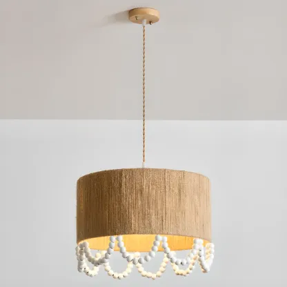 Oriental Wooden Drum Pendant Light with White Beads Image - 5