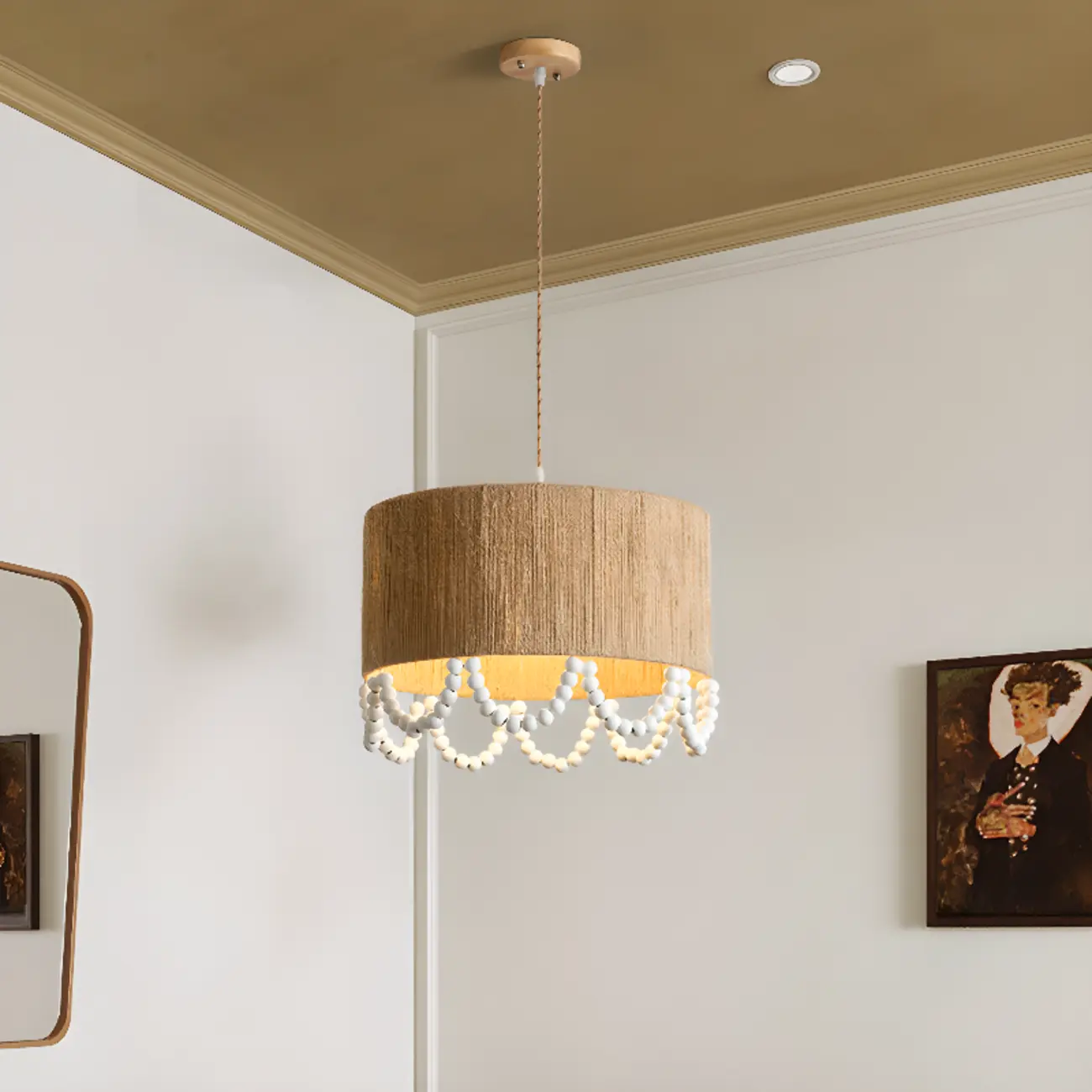 Oriental Wooden Drum Pendant Light with White Beads Image - 6 | homeyfad