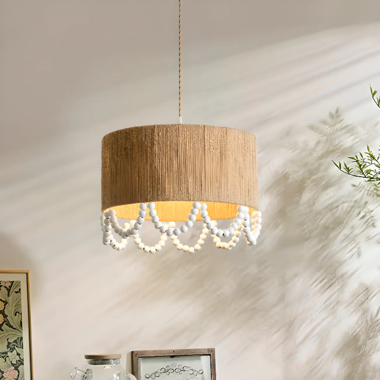 Oriental Wooden Drum Pendant Light with White Beads Image - 7 | homeyfad