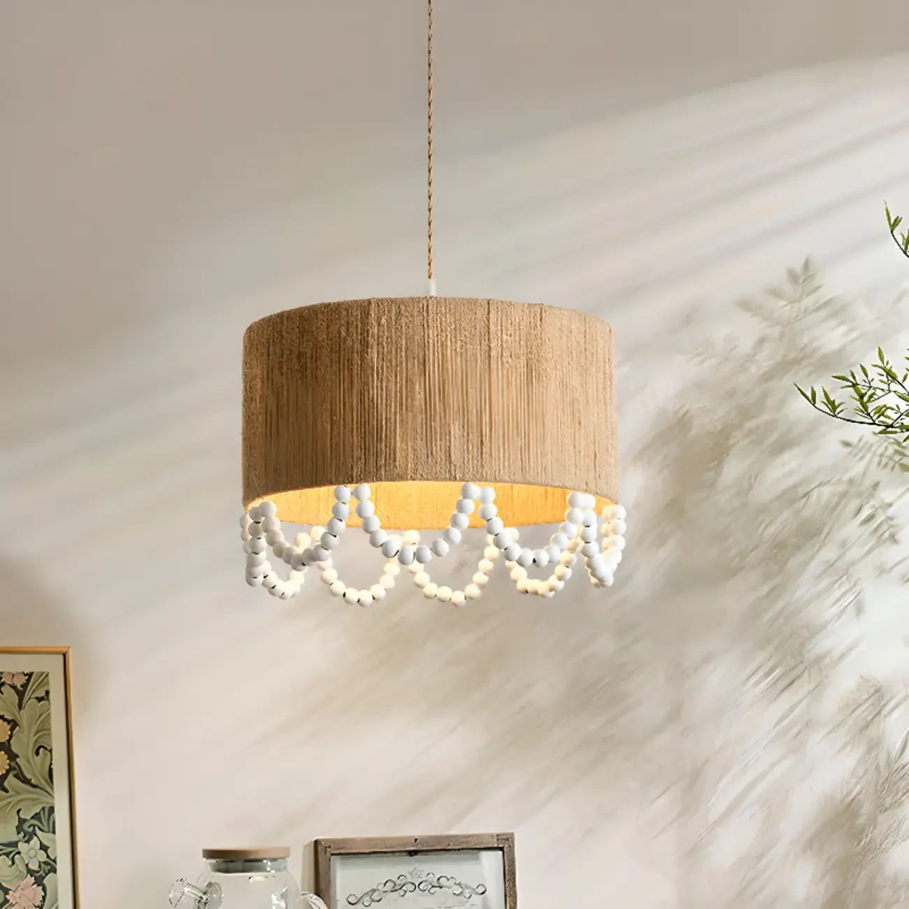 Oriental Wooden Drum Pendant Light with White Beads Image - 7
