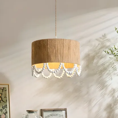 Oriental Wooden Drum Pendant Light with White Beads Image - 7