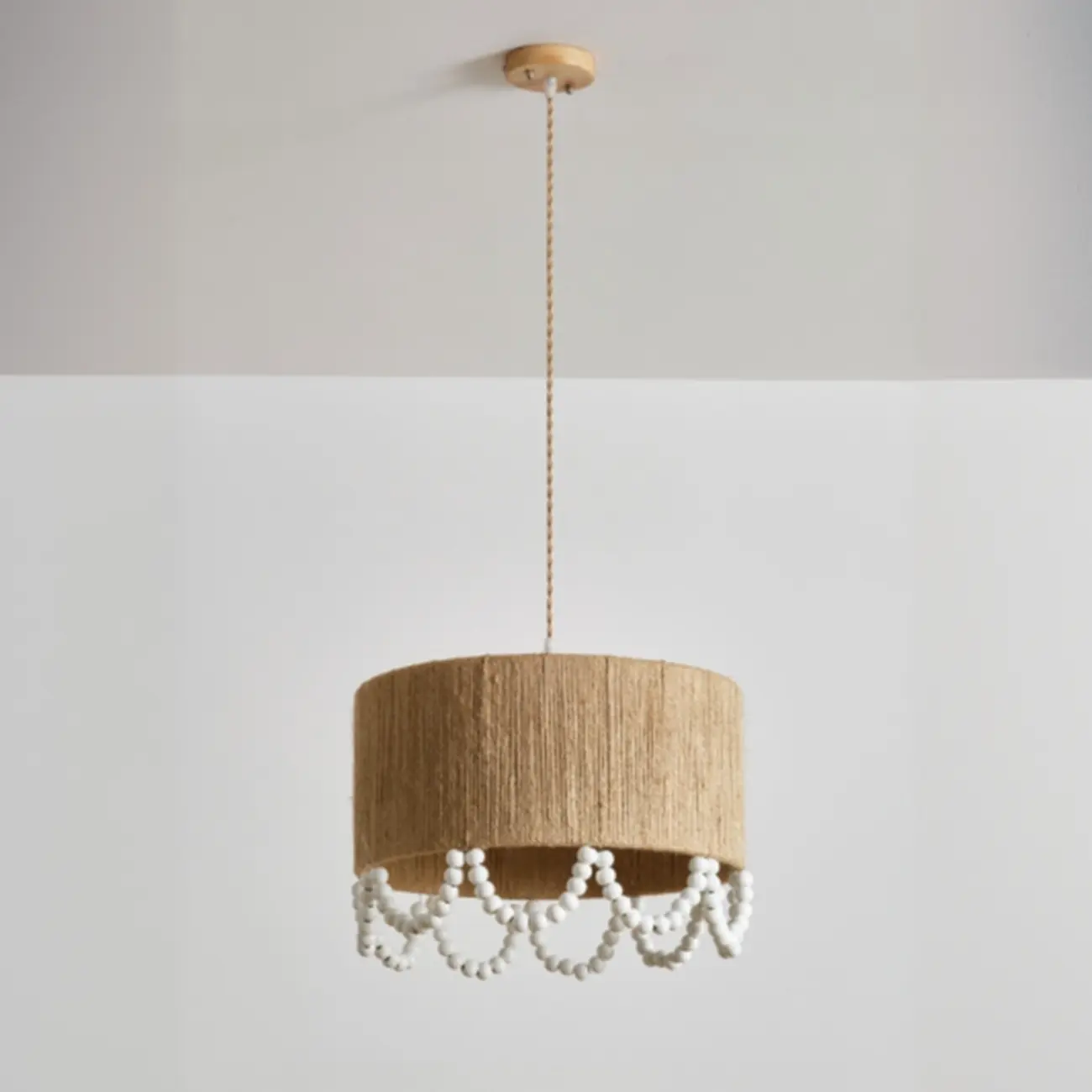 Oriental Wooden Drum Pendant Light with White Beads Image - 8 | homeyfad