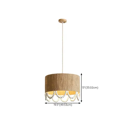 Oriental Wooden Drum Pendant Light with White Beads Image - 12