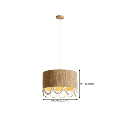 Oriental Wooden Drum Pendant Light with White Beads Image - 13