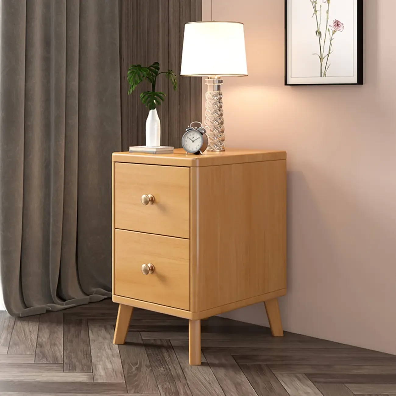 Modern Wooden Bedside Table with 2 Storage Drawers Image - 2