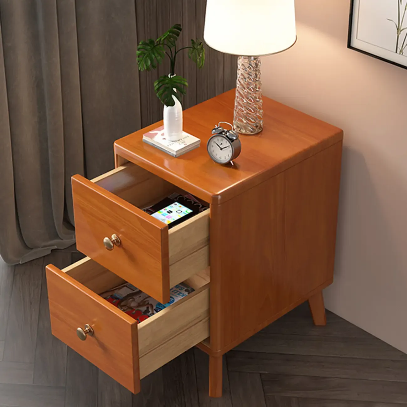 Modern Wooden Bedside Table with 2 Storage Drawers Image - 7