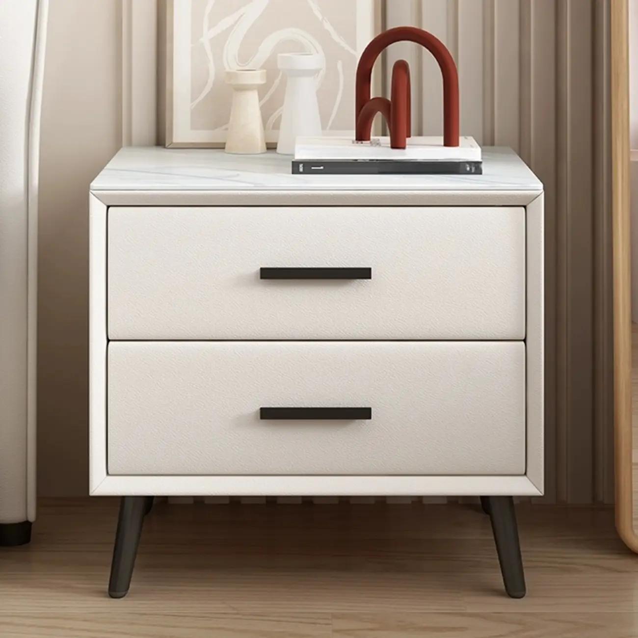 Modern white bedside table with two storage drawers | homeyfad