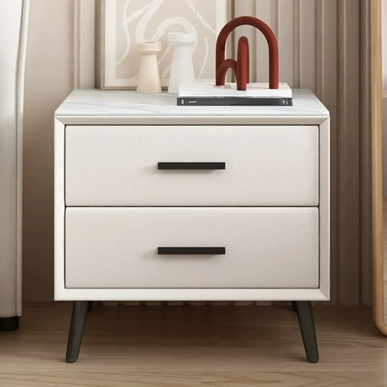 Modern white bedside table with two storage drawers