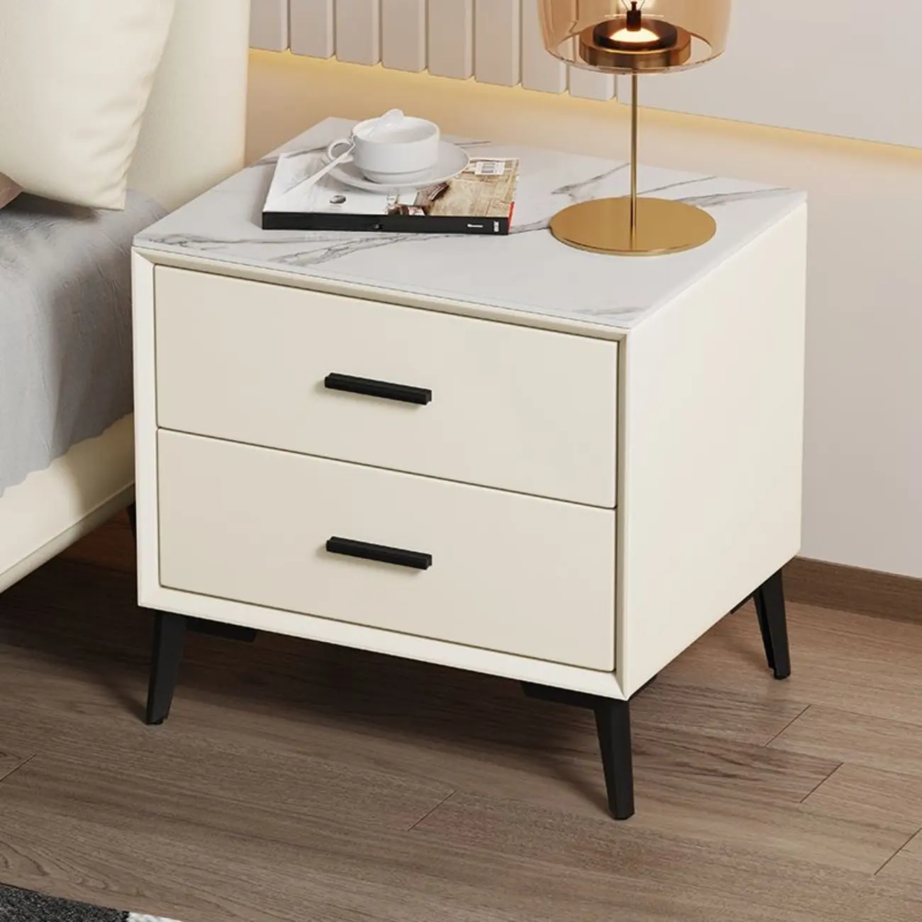 Modern white bedside table with two storage drawers | homeyfad
