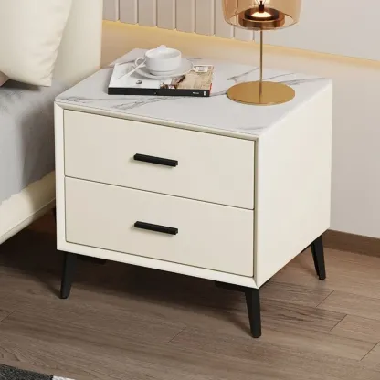 Modern white bedside table with two storage drawers