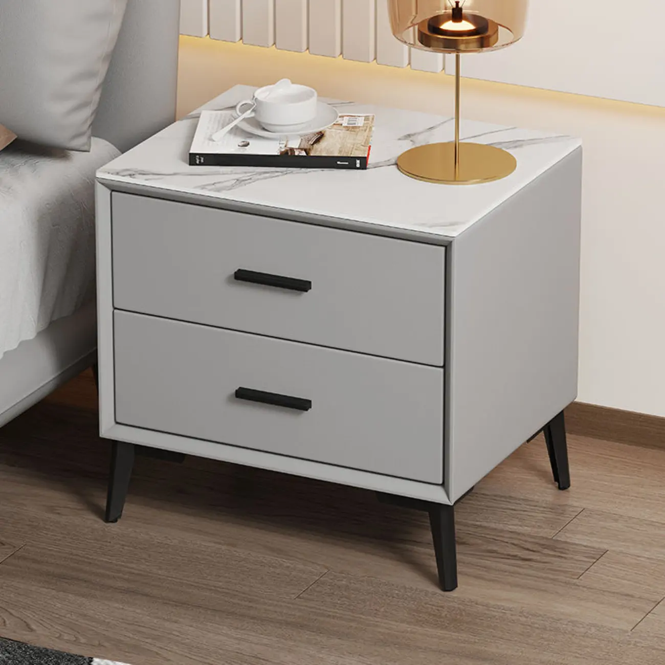 Modern white bedside table with two storage drawers | homeyfad