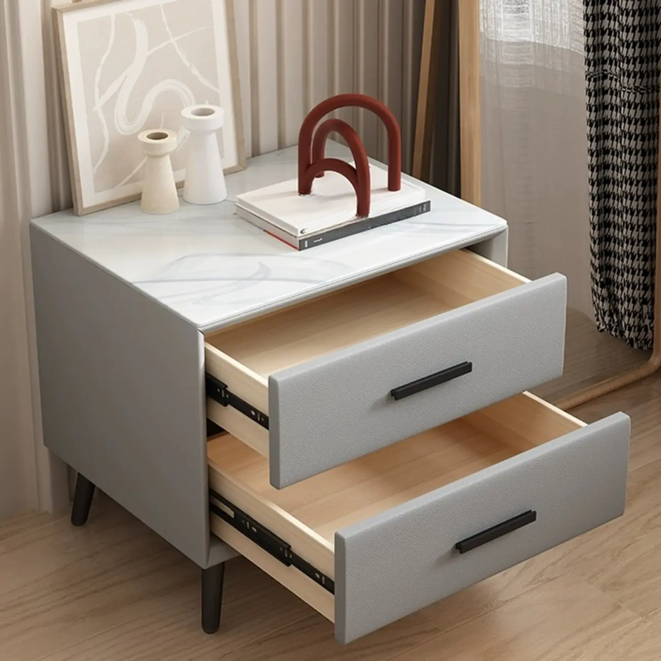 Modern white bedside table with two storage drawers | homeyfad