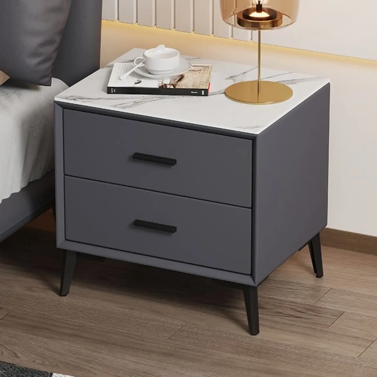 Modern white bedside table with two storage drawers