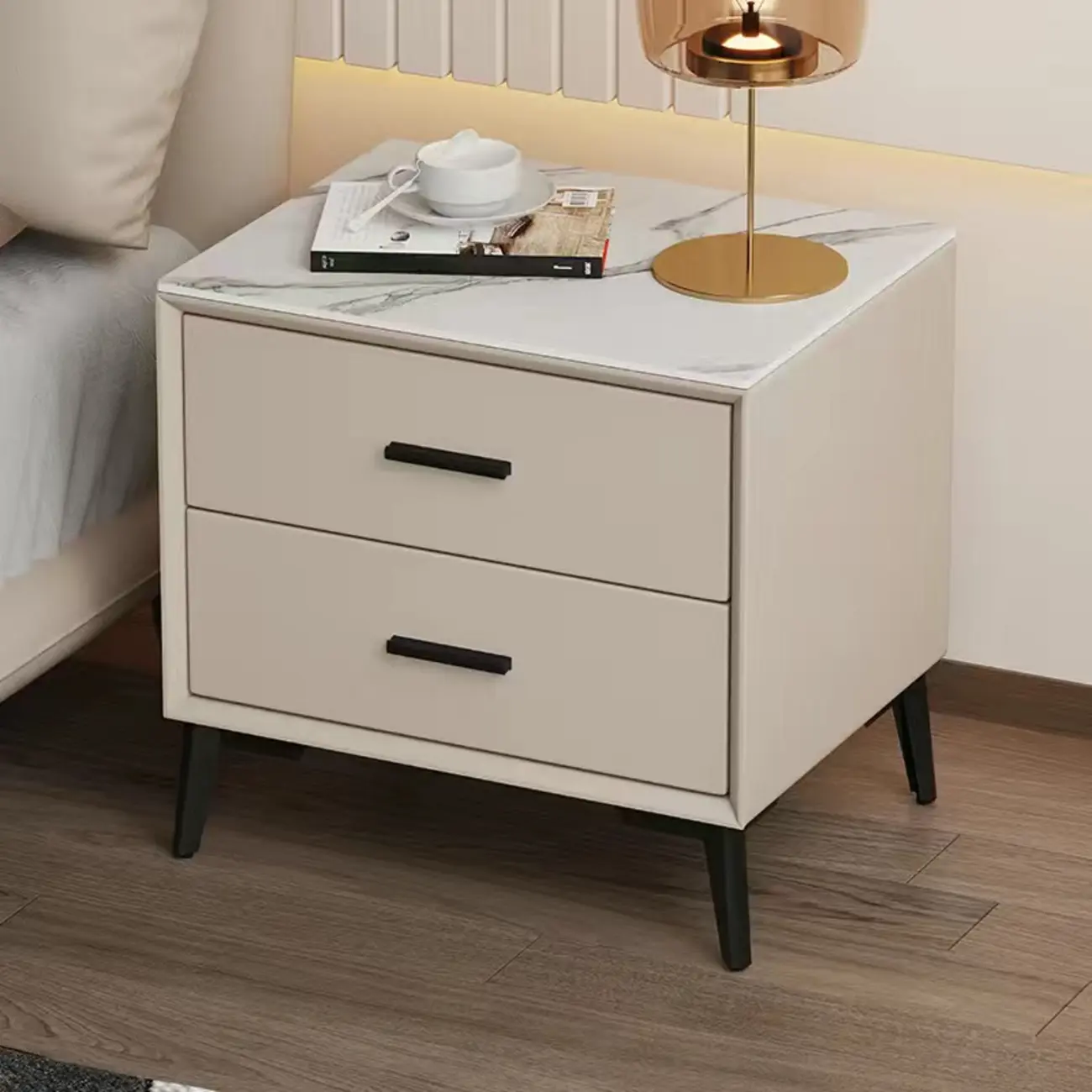 Modern white bedside table with two storage drawers | homeyfad