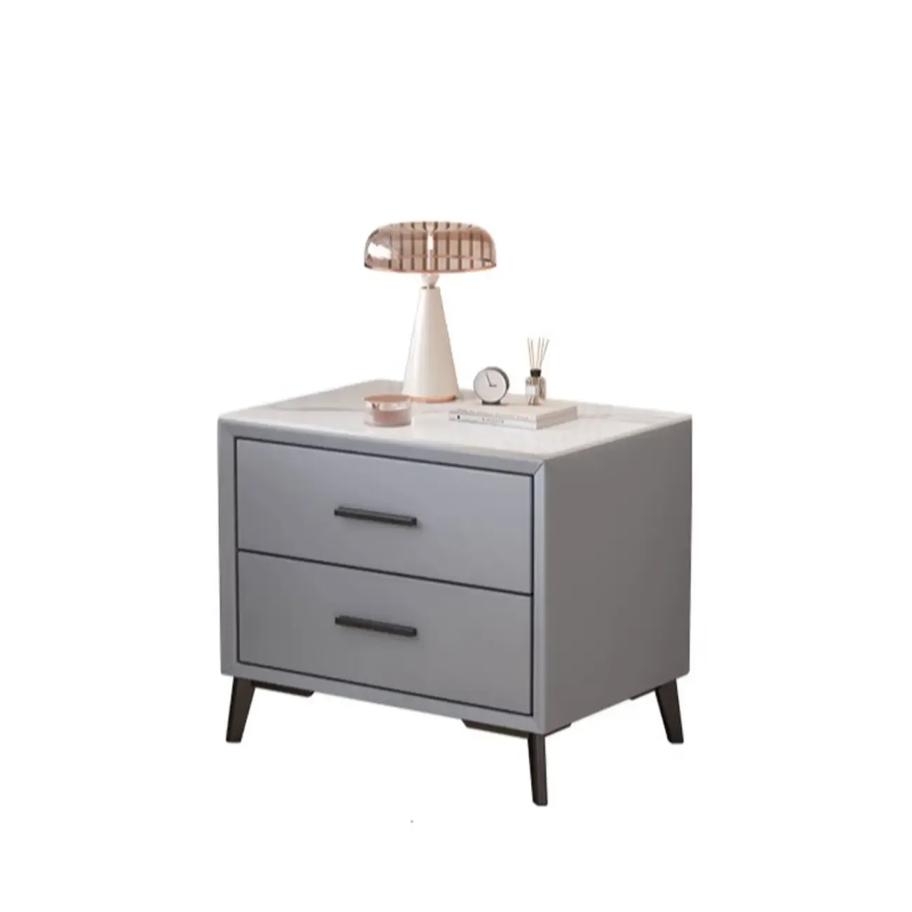 Modern white bedside table with two storage drawers