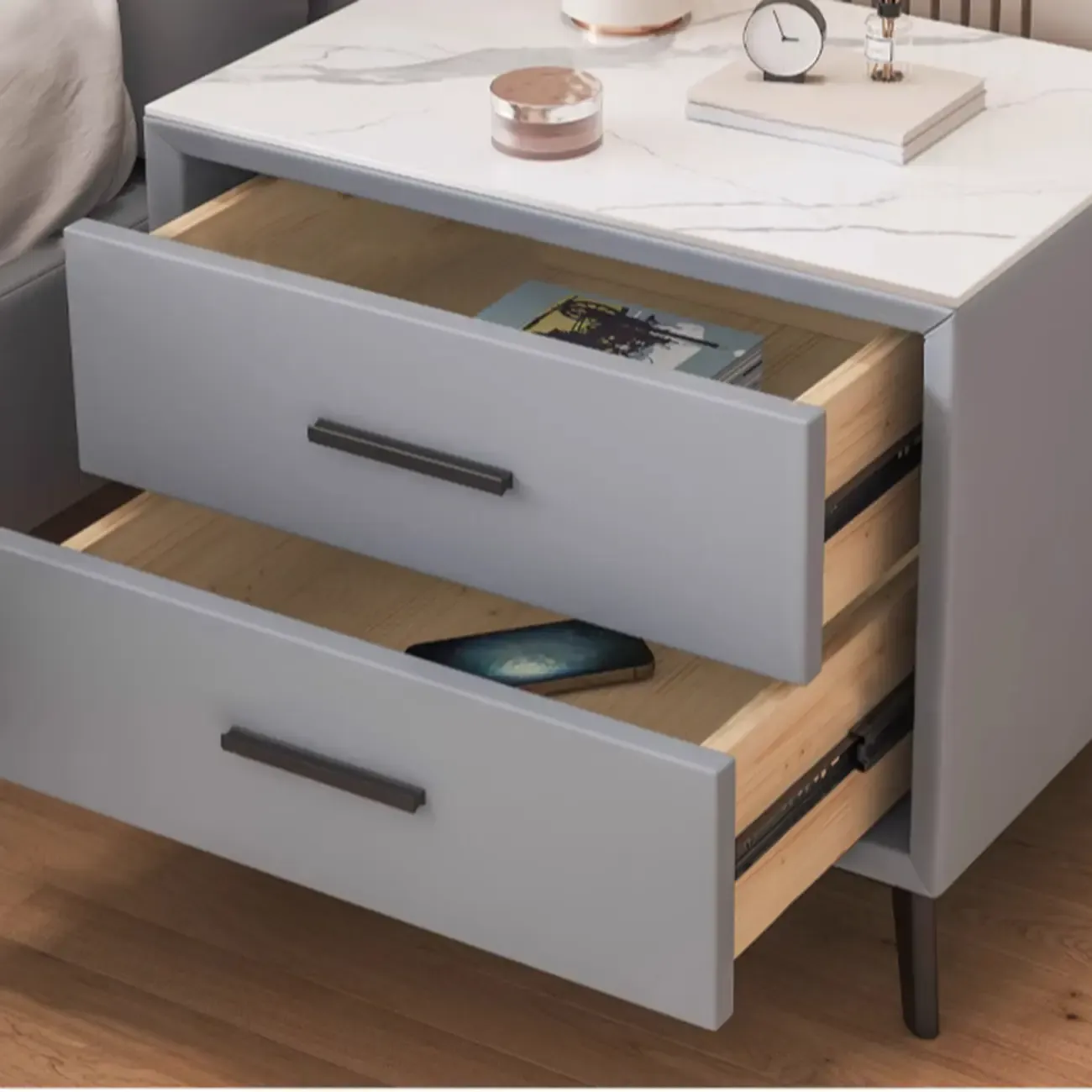 Modern white bedside table with two storage drawers