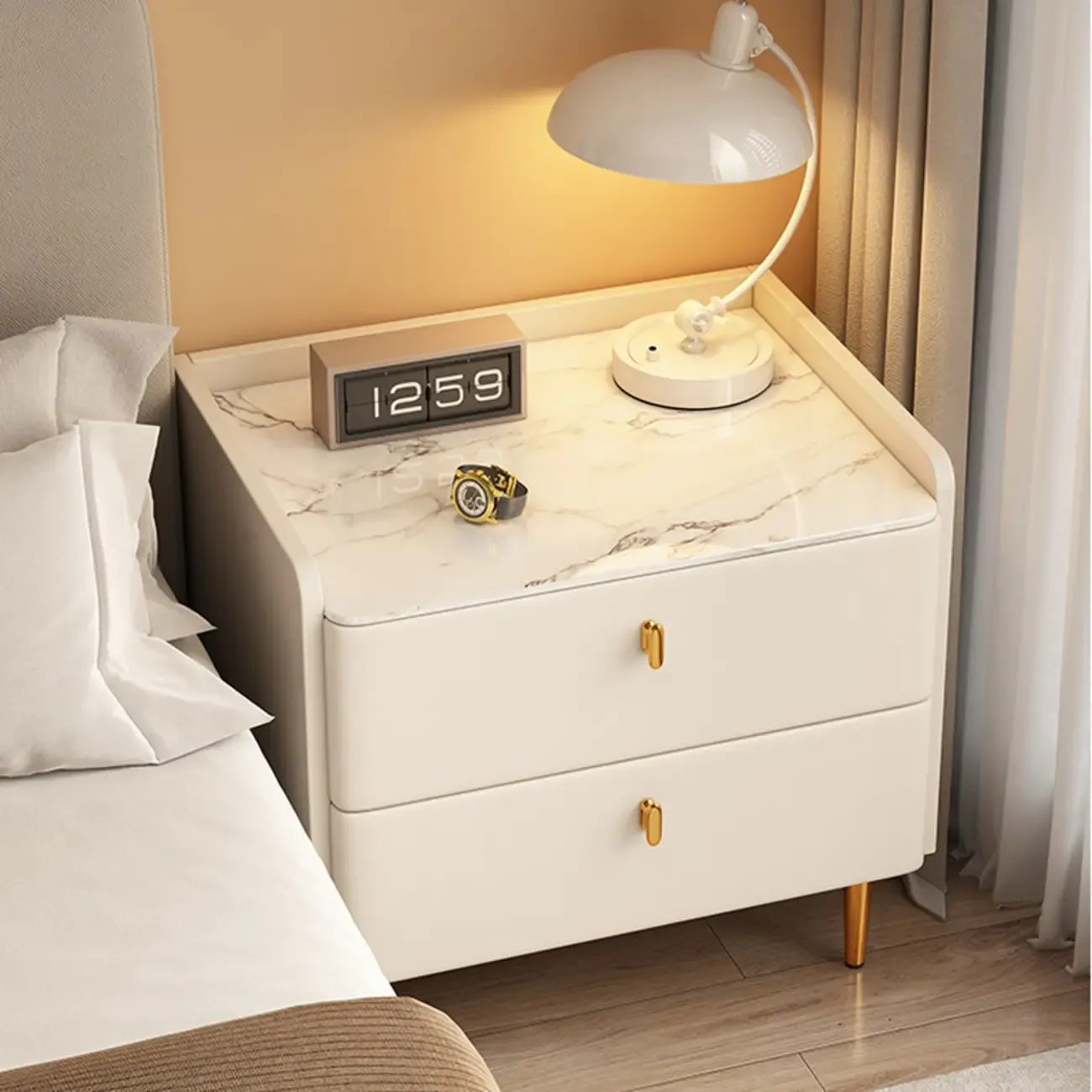 Modern Narrow Small Bedside Table Stone Top with Drawer Storage Image - 1
