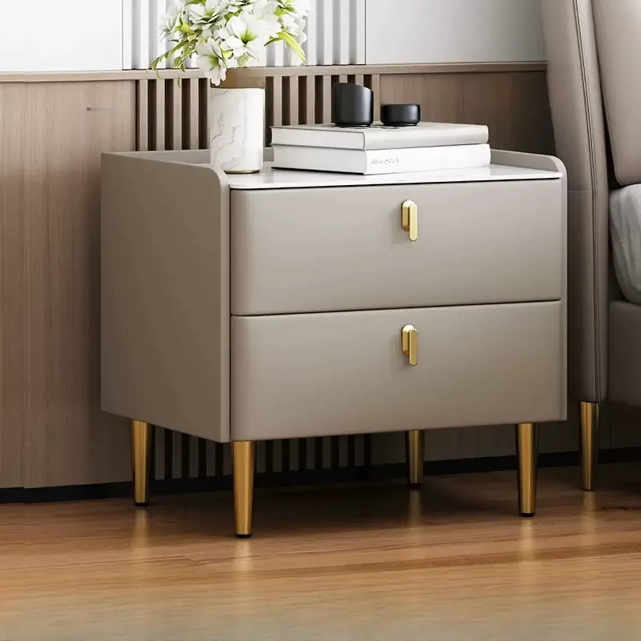Modern Narrow Small Bedside Table Stone Top with Drawer Storage Image - 12