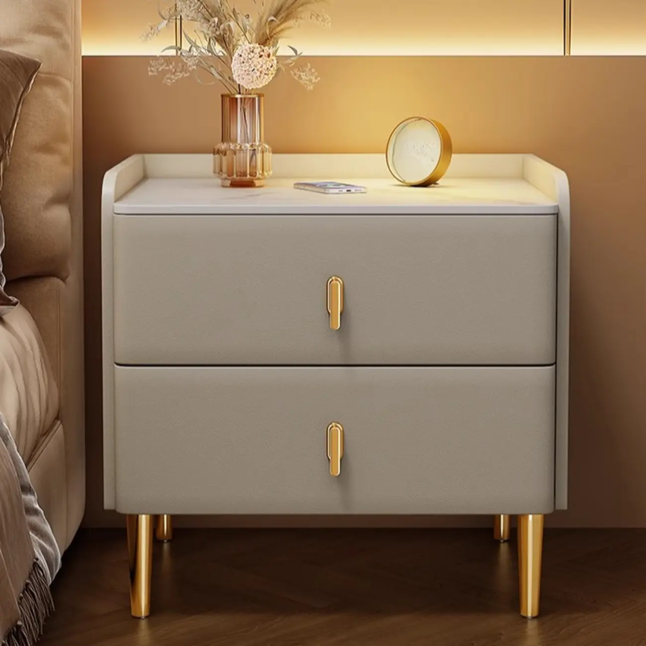 Modern Narrow Small Bedside Table Stone Top with Drawer Storage Image - 2 | homeyfad