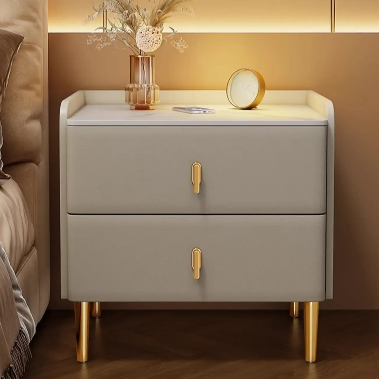 Modern Narrow Small Bedside Table Stone Top with Drawer Storage Image - 2