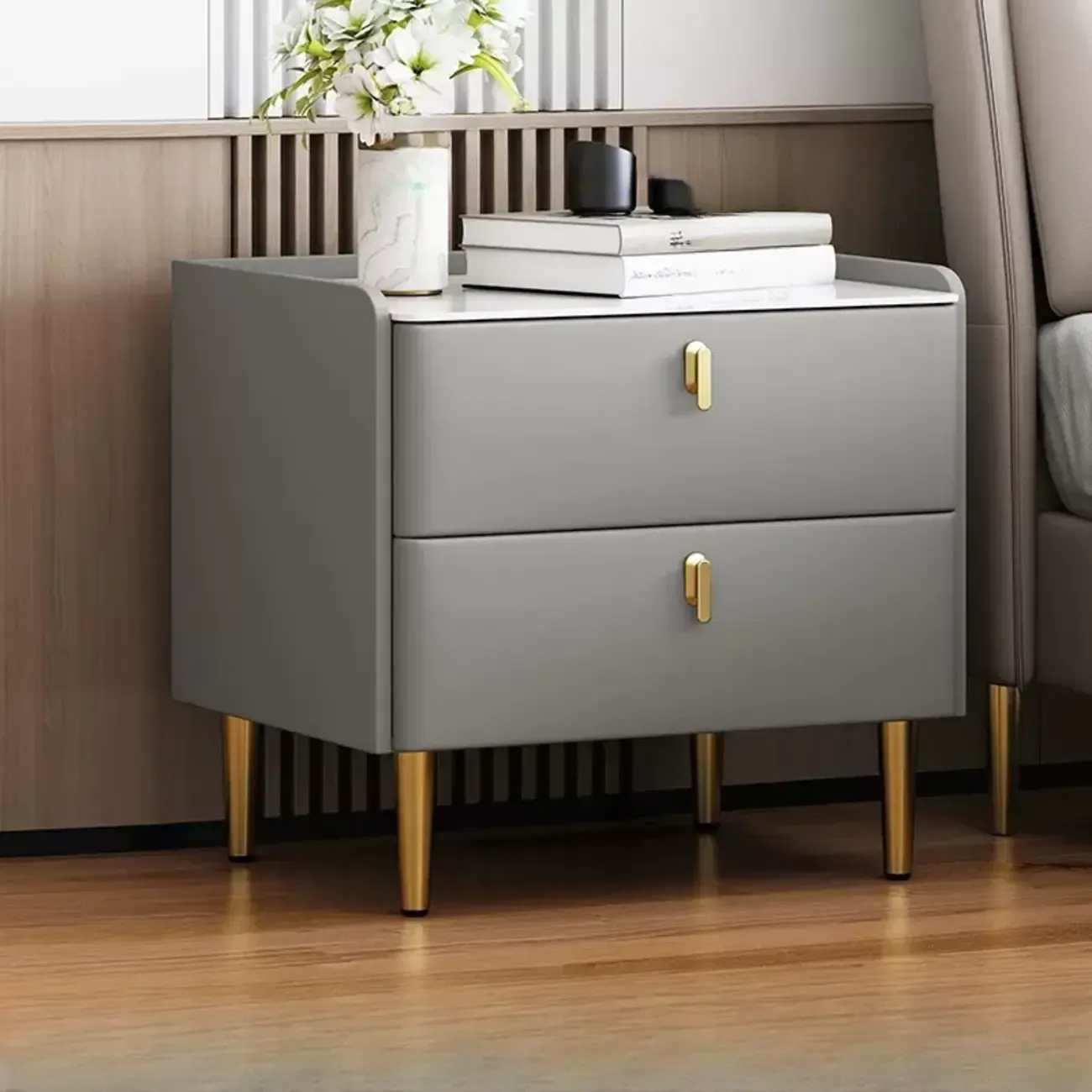 Modern Narrow Small Bedside Table Stone Top with Drawer Storage Image - 14