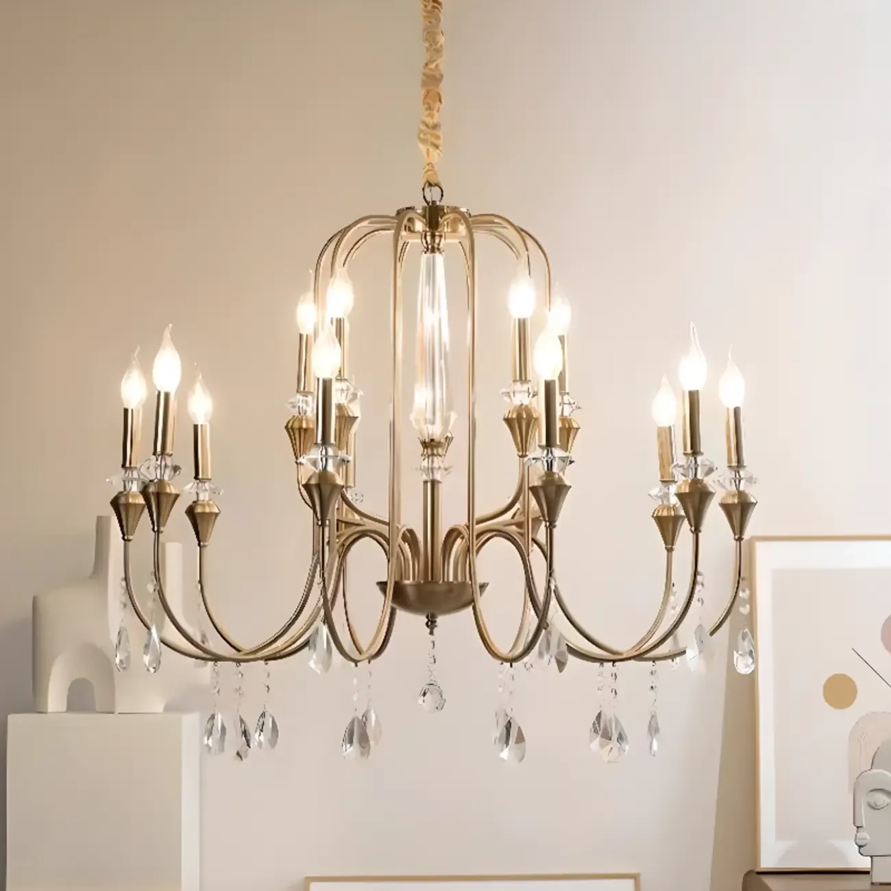 Mid-Century Modern Golden Sleek Candle Chandelier with Crystal Image - 1